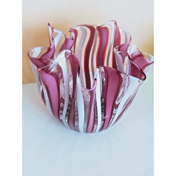 Venini Bianconi Murano Red-Pink-White Ribbons Italian Art Glass Vase Fazzoletto - Picture 1 of 11